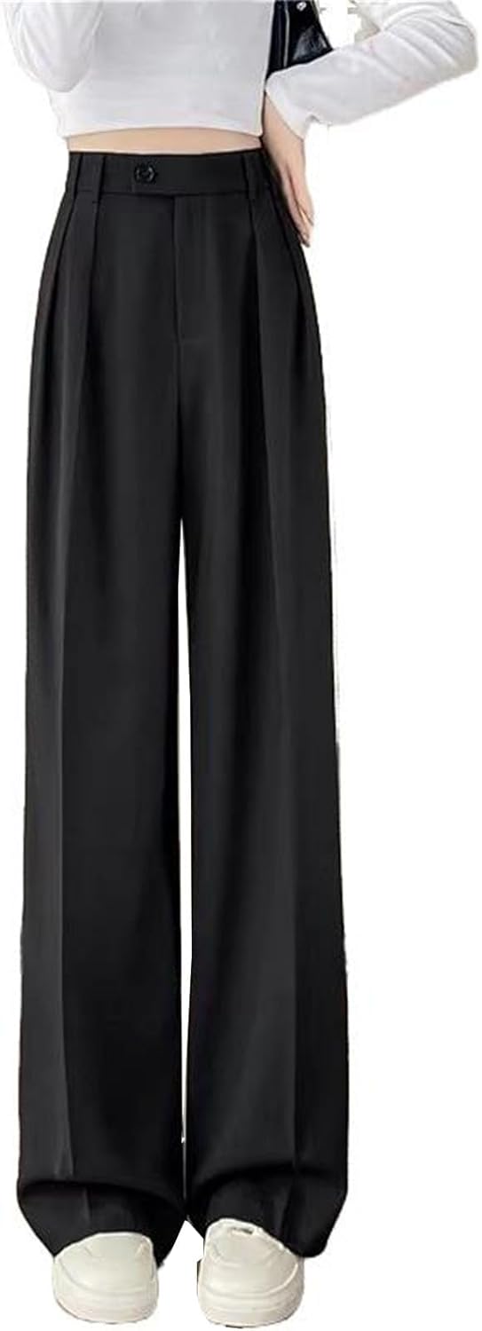 Women's Elegant Straight Trousers Button Wide Leg Pants with Pockets Spring Summer