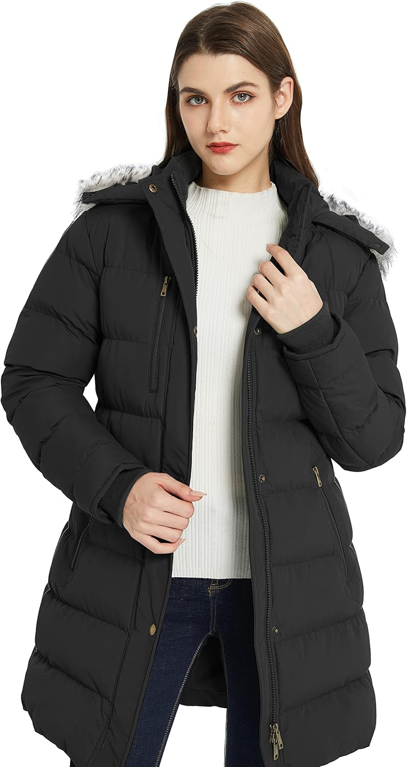 Women's Mid-Length Puffer Parka Faux Fur Trim Hood Black