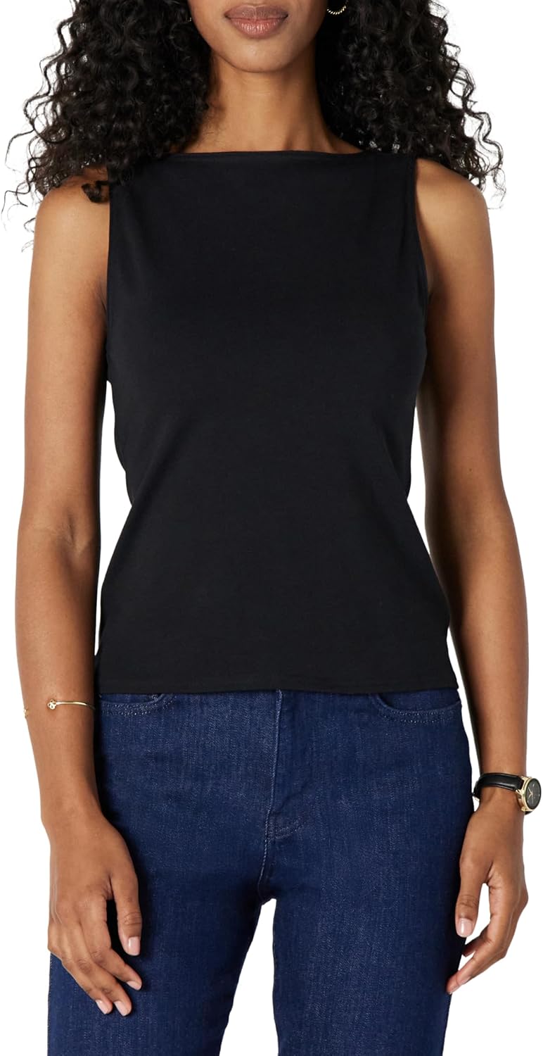 Women's Boat Neck Slim Fit Cotton Tank, Black