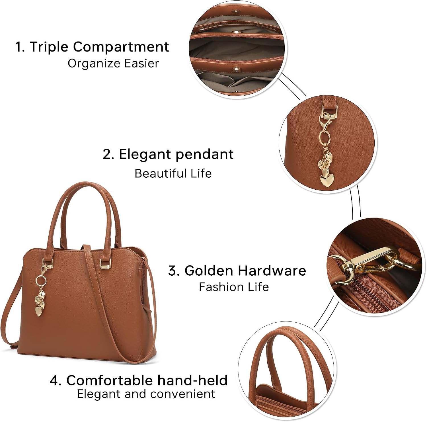 Women's Structured Vegan Leather Top-Handle Satchel, Brown Women's Structured Vegan Leather Top-Handle Satchel, Brown