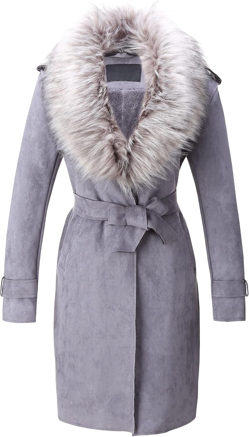 Women Faux Leather Trench Coat Fleece-Lined Mid-length Jacket with Detachable Fur Collar