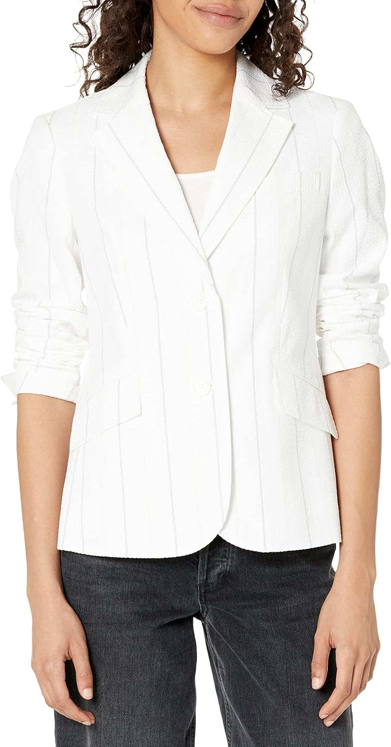 Women's Pinstripe Two Button Ruched Sleeve Blazer White