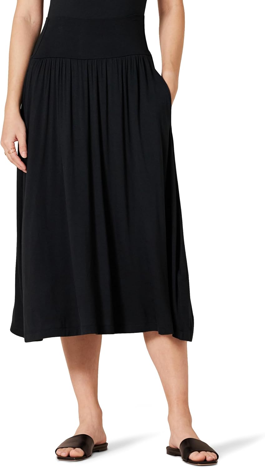 Women's Jersey Pull On Midi Skirt Black Flowy