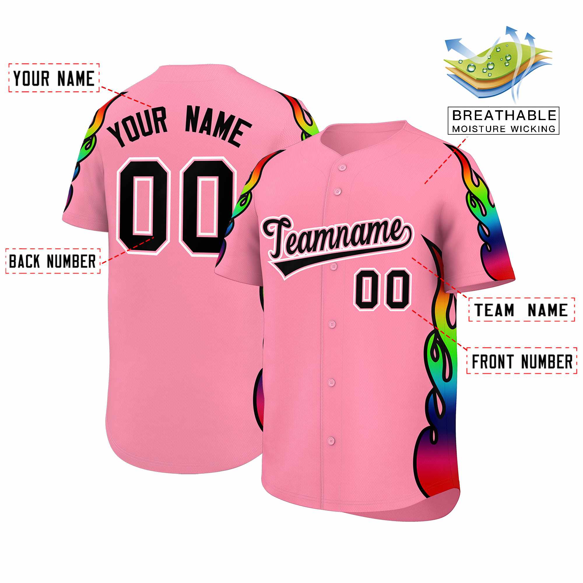 Benutzerdefiniertes Graffiti-Muster, personalisierter mehrfarbiger Flammendruck, authentisches Baseball-Trikot