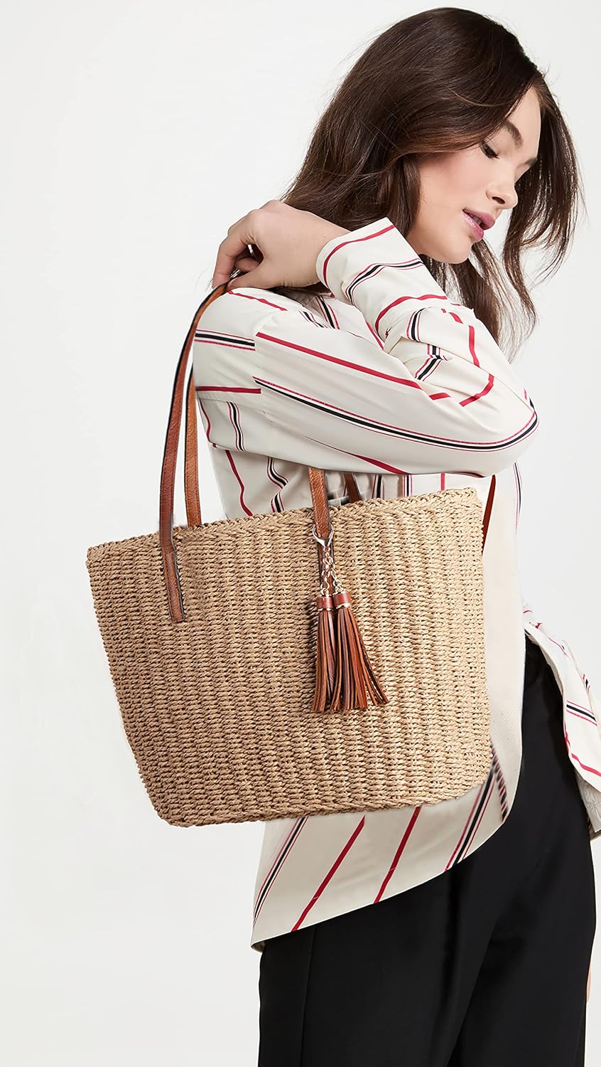 Women's Straw Tote Bag Beige Tassel