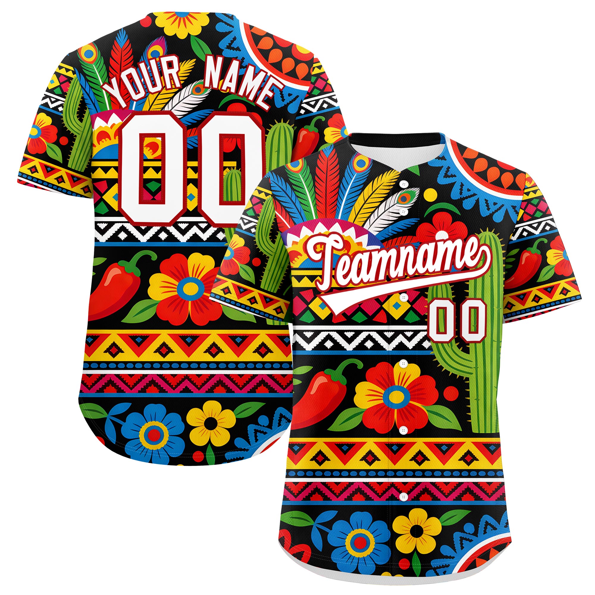 Benutzerdefiniertes Baseball-Trikot aus Stretchstoff mit Graffiti-Muster im mexikanischen Stil Benutzerdefiniertes Baseball-Trikot aus Stretchstoff mit Graffiti-Muster im mexikanischen Stil