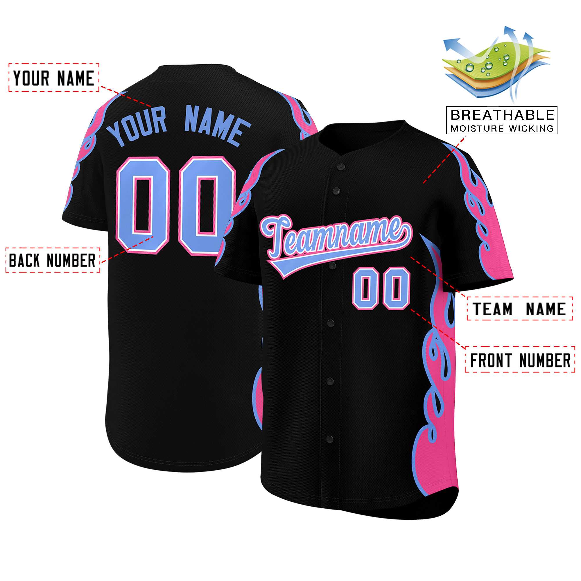Benutzerdefiniertes Baseball-Trikot mit Seitenflammen-Umrissmuster für Sportuniformen