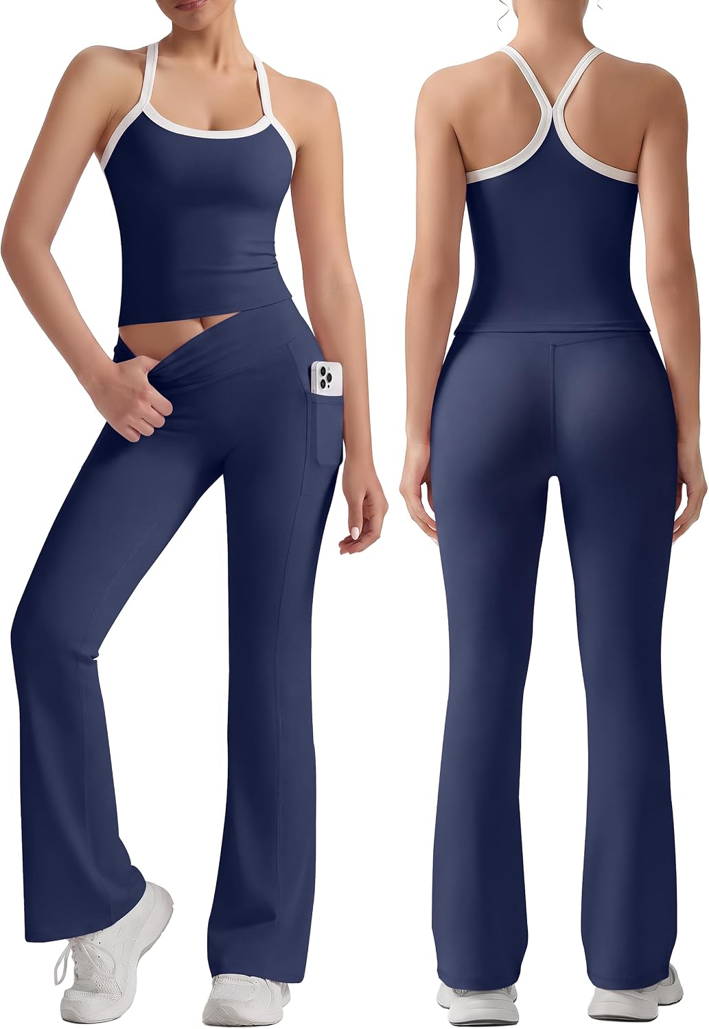 Women 2 Piece Workout Sets High Waisted Flare Leggings with Pockets Matching Cross Back Tank Top Contrast Trim