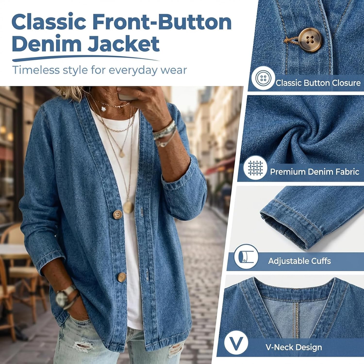 Denim Cardigan Jacket for Women Classic 3-Quarter Sleeve Jeans Oversized Wash V Neck Open Front Coat