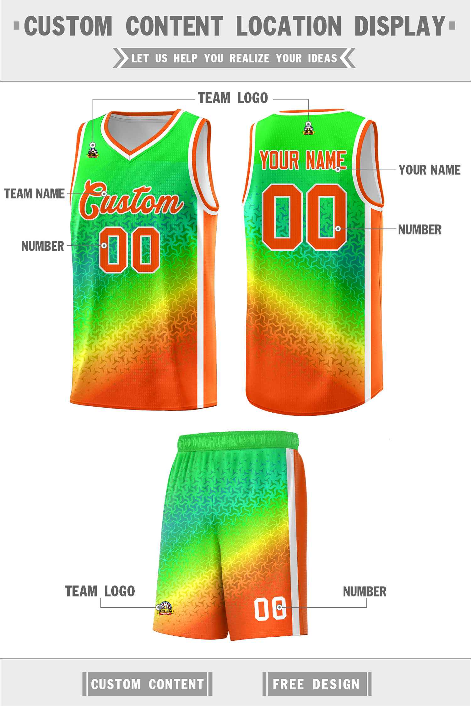 Benutzerdefiniertes hellgrün-orangefarbenes Farbverlaufsdesign mit unregelmäßigen Formen und Muster für Sportuniform-Basketballtrikot