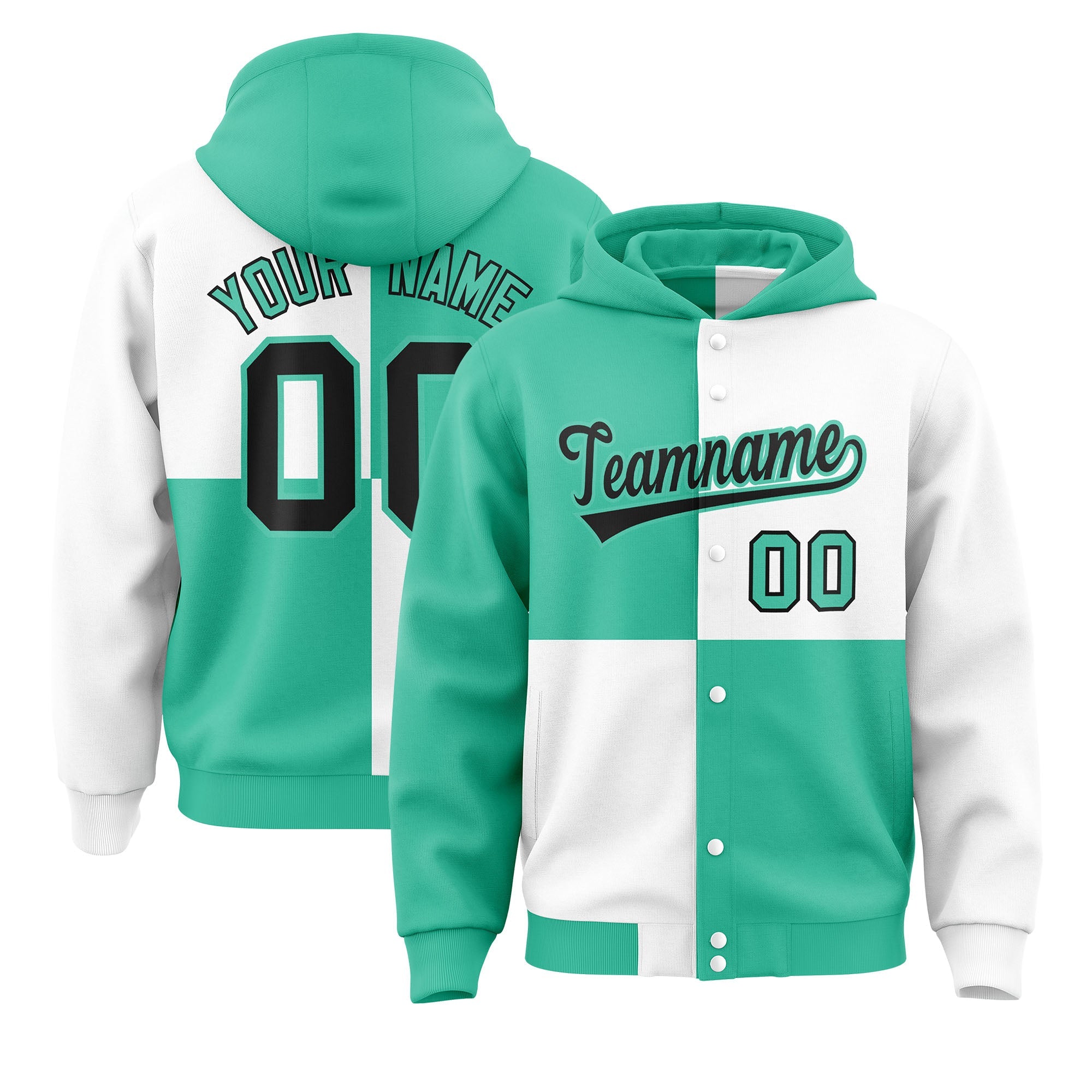 Custom Bright Green White Varsity Full-Snap Four Squares Color Block Letterman Jacket Hoodie