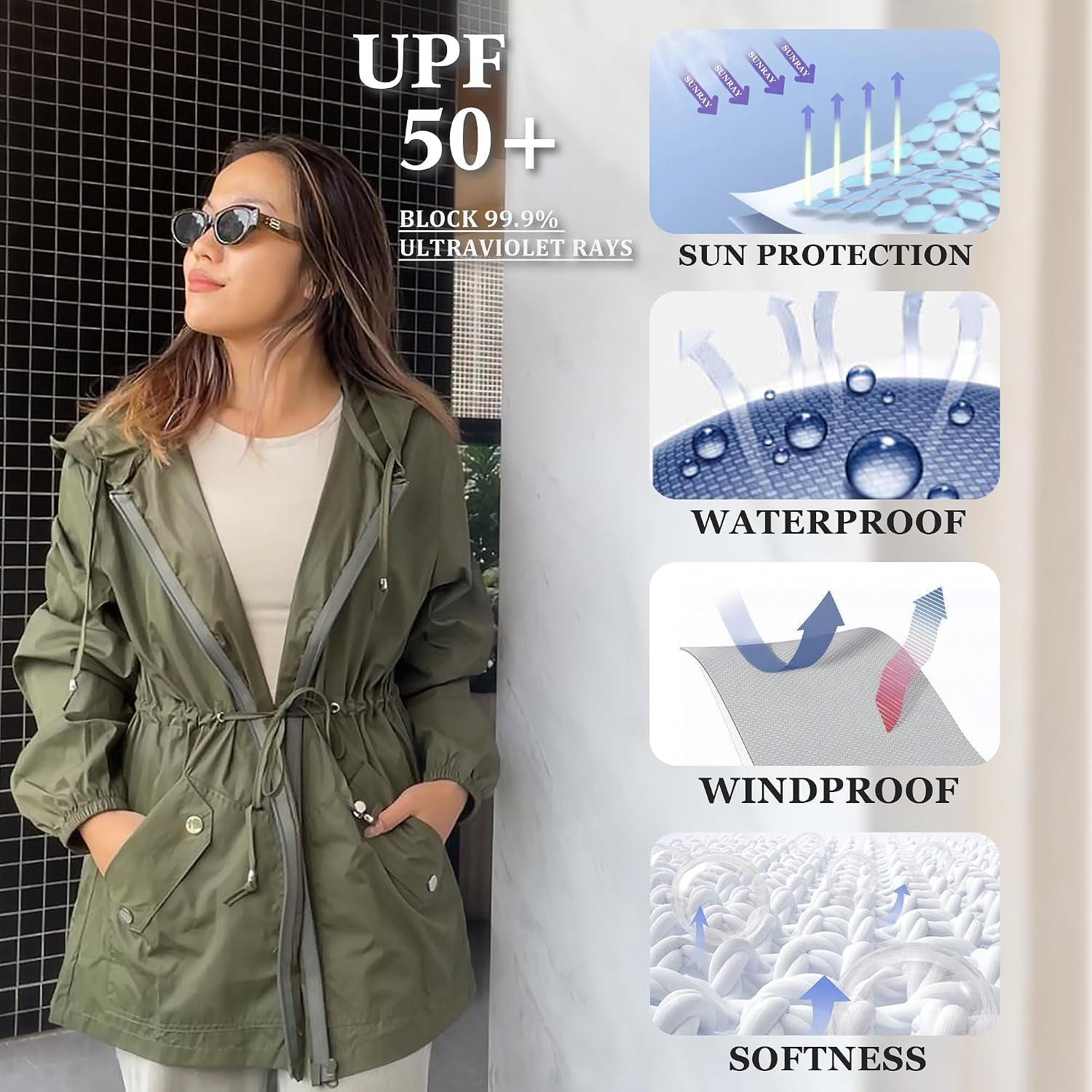 Women's Long Hooded Rain Jacket Waterproof Army Green