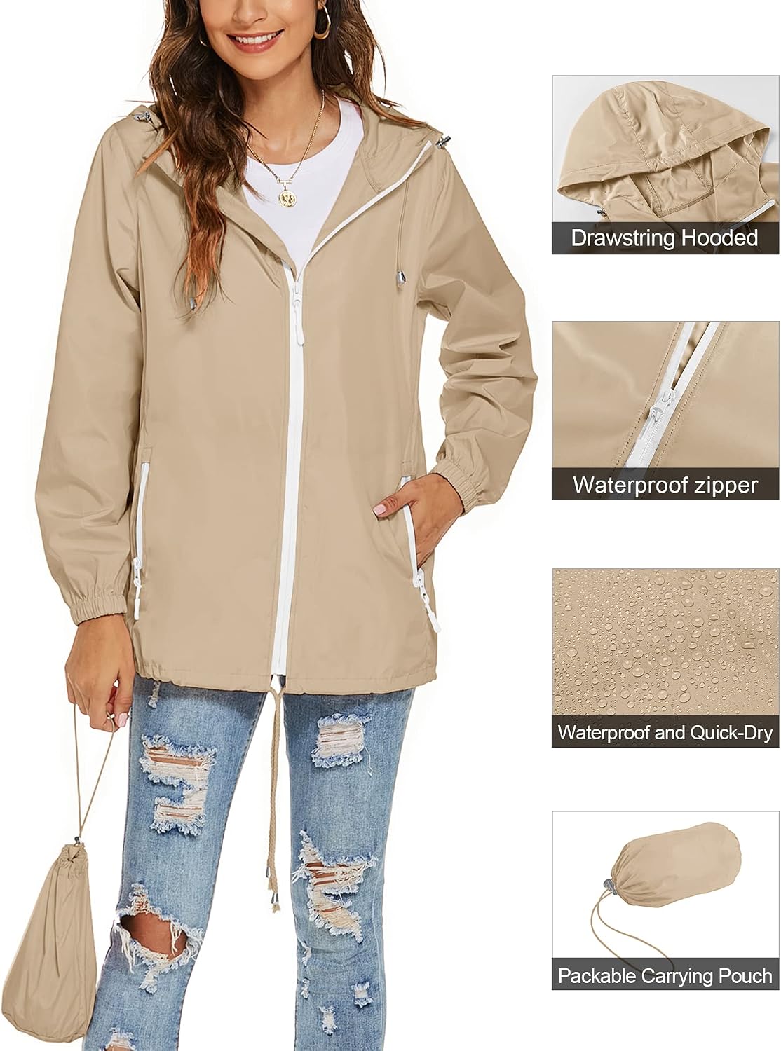 Women's Packable Hooded Rain Jacket Lightweight Khaki