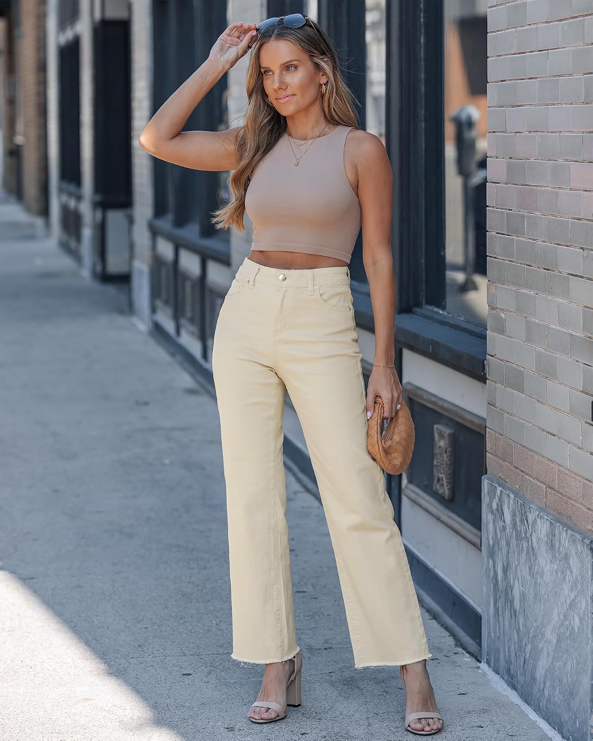 Women's High Waisted Wide Leg Jeans Cream Raw Hem