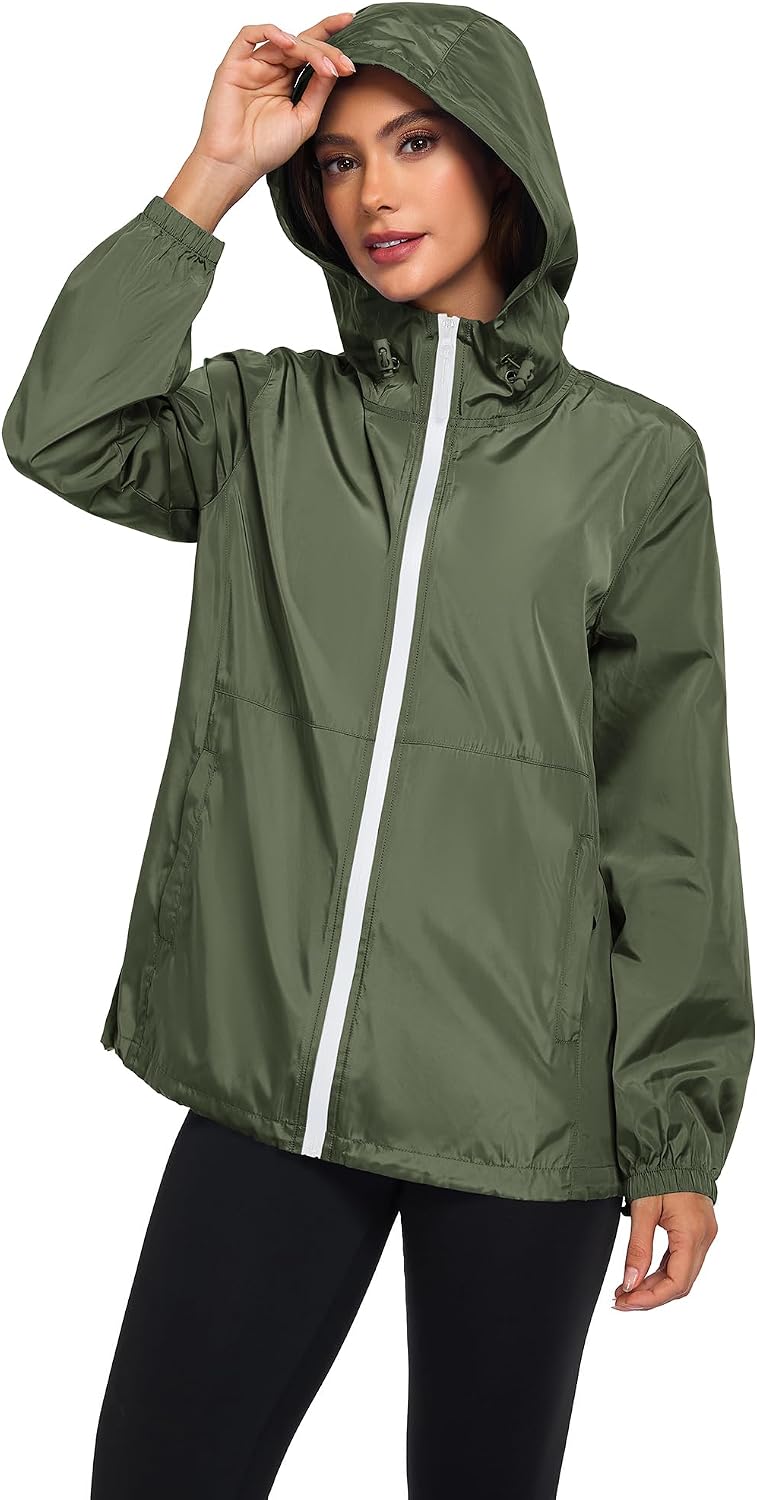 Women's Packable Hooded Rain Jacket Waterproof Army Green