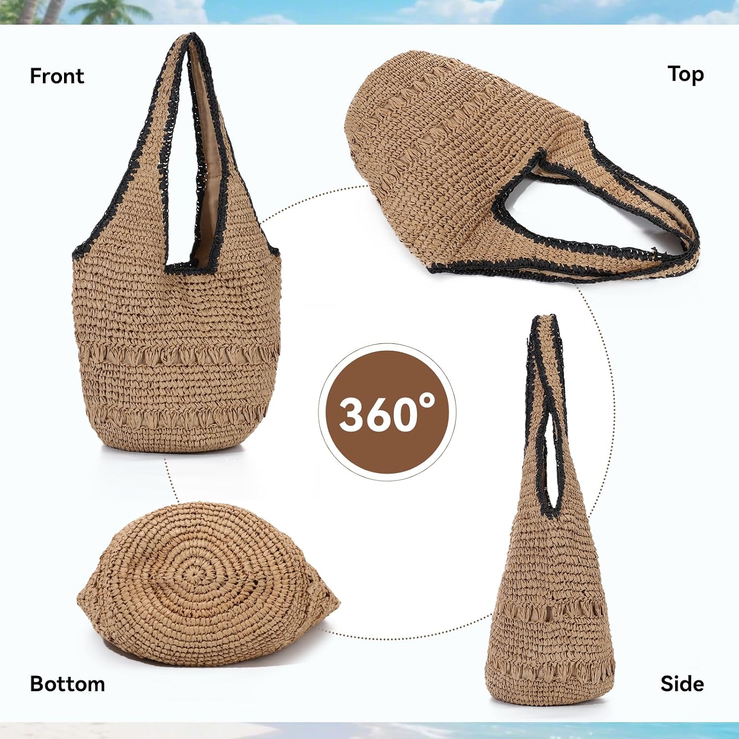 Women's Two-Tone Straw Tote Bag Beige Black Women's Two-Tone Straw Tote Bag Beige Black