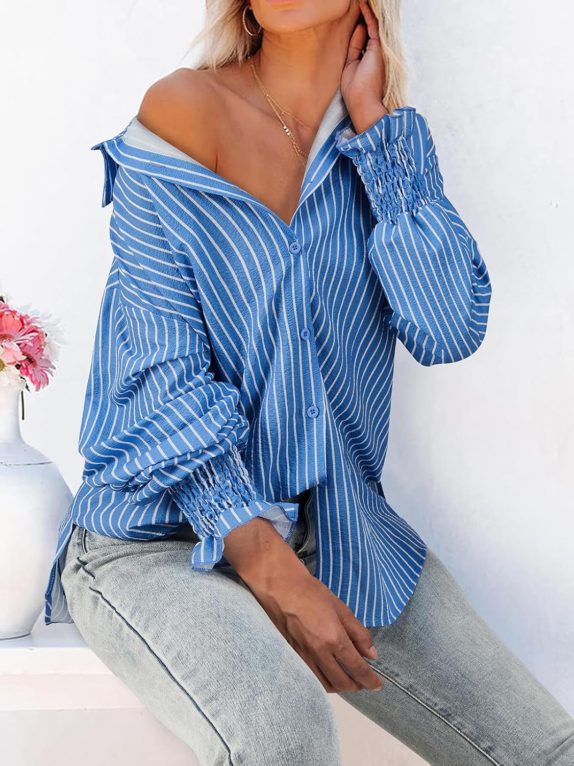Button Down Striped Shirts for Women Smocked Cuffed Long Sleeve Oversized Boyfriend Blouses Collared Work Tops