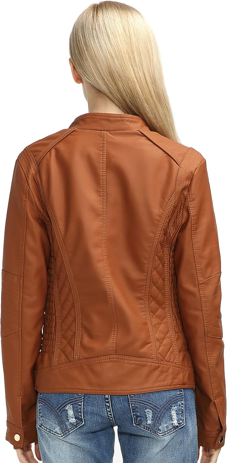 Faux Leather Jacket Women Motorcycle Zipper Stand Collar Bomber PU Bike Coat with Pockets