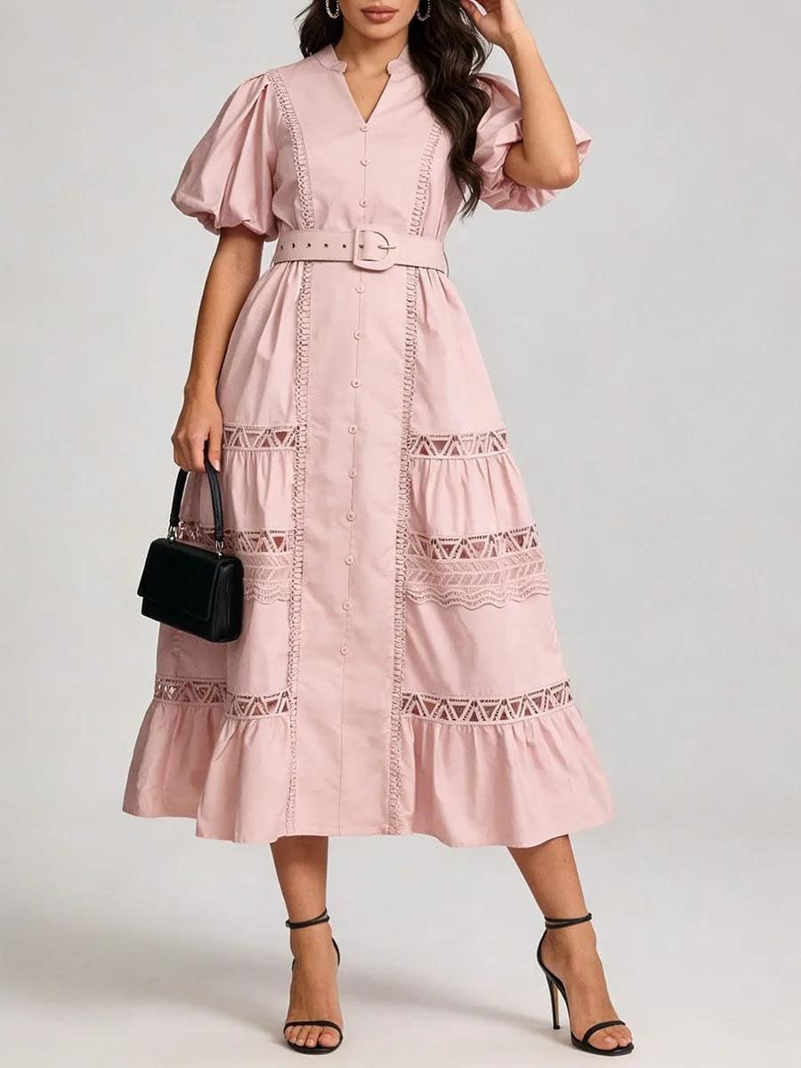 Women's Belted Lace Trim Maxi Dress Puff Sleeve Pink