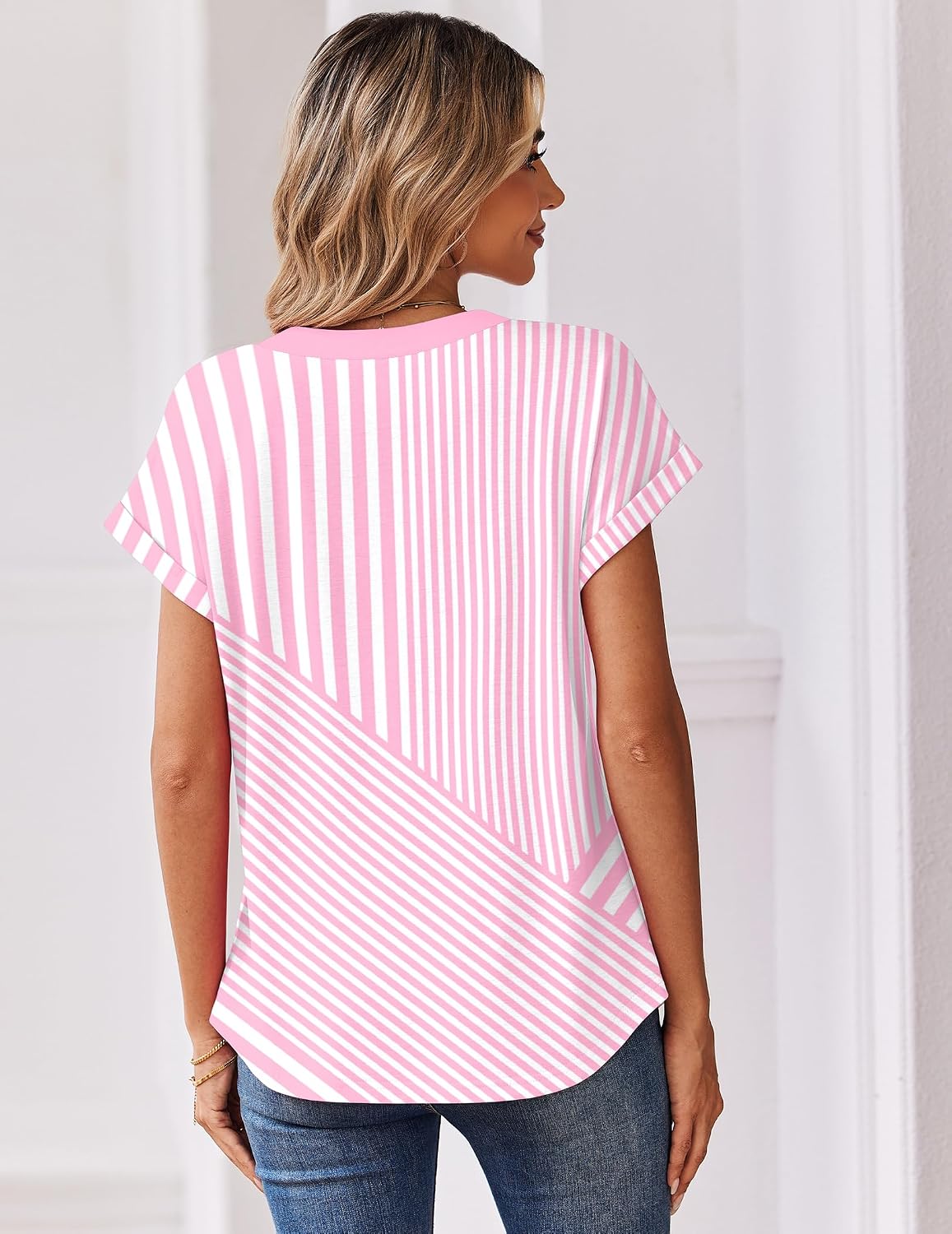 Women Tops Summer Short Sleeve T Shirts V Neck Dressy Work Blouses Boho Clothes S-3XL