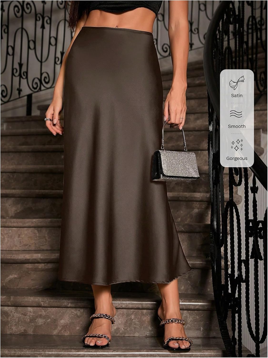 Women's Satin Maxi Skirt High Waist Flowy Brown