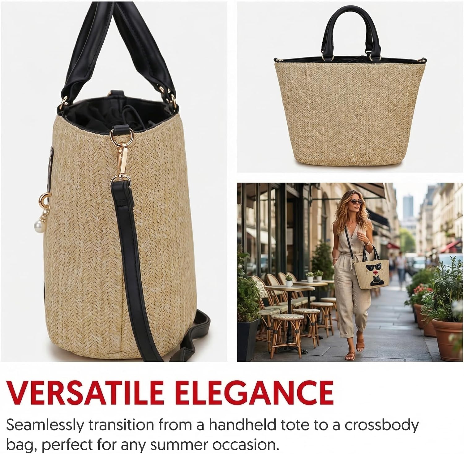Women's Straw Applique Tote Bag Beige