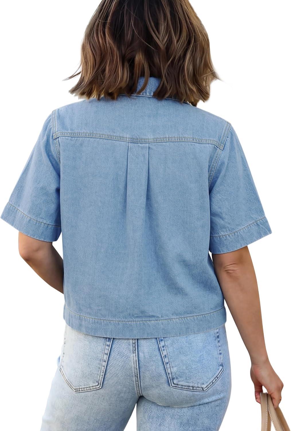 Womens Crop Denim Top Short Sleeve Shirt Button Down Jean for Women Cropped Shirts with Pocket