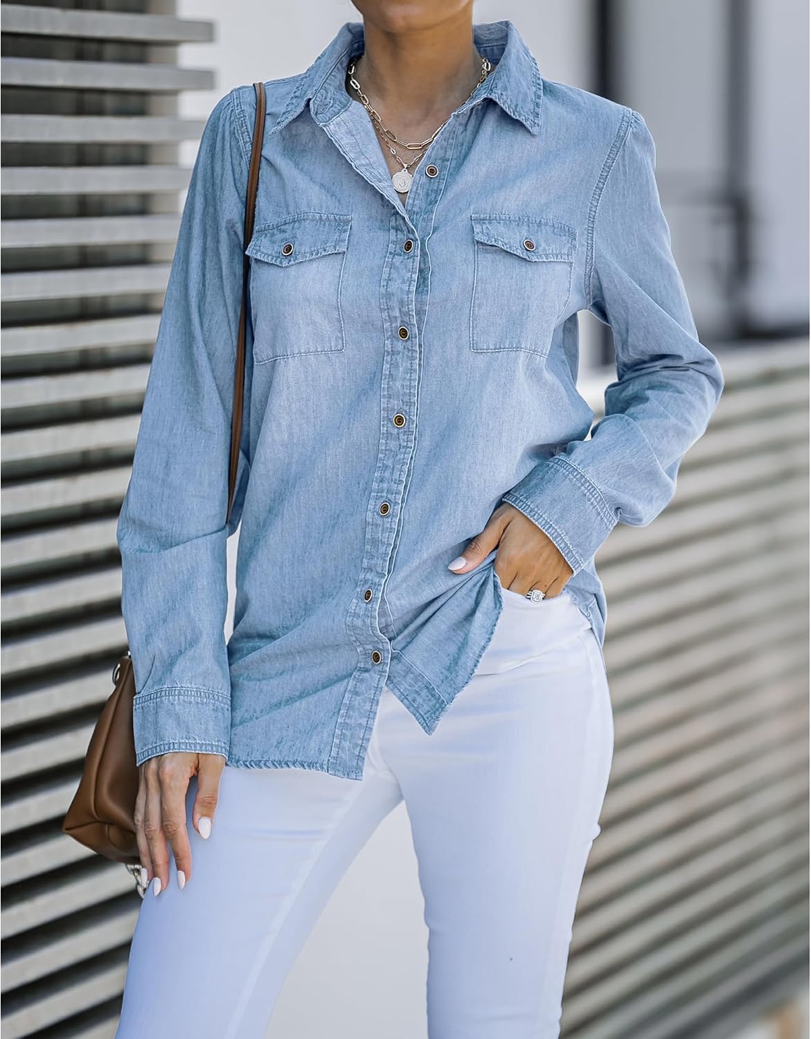 Women's Light Wash Denim Shirt Long Sleeve Collared