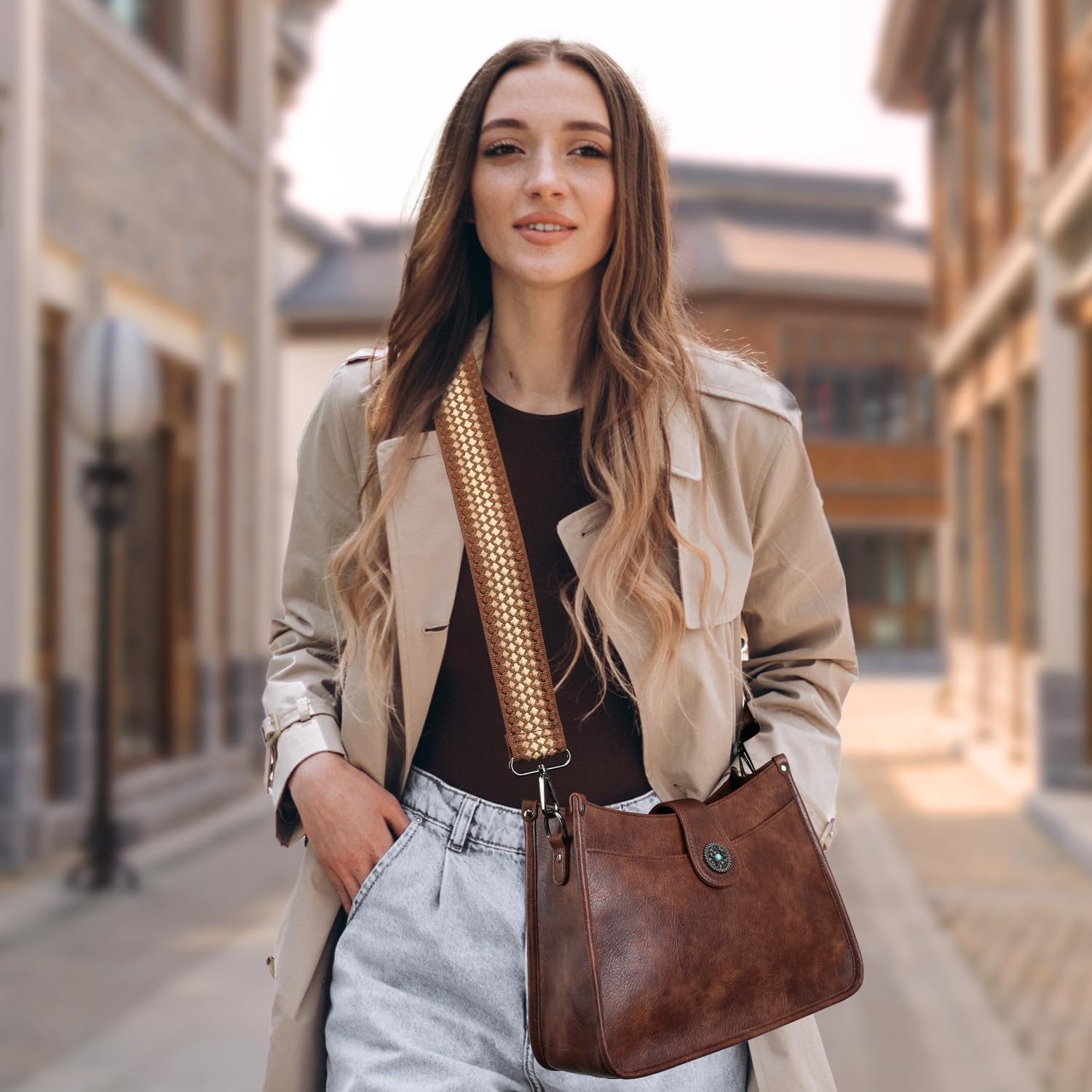 Women's Vintage Brown Hobo Purse with Woven Guitar Strap Women's Vintage Brown Hobo Purse with Woven Guitar Strap