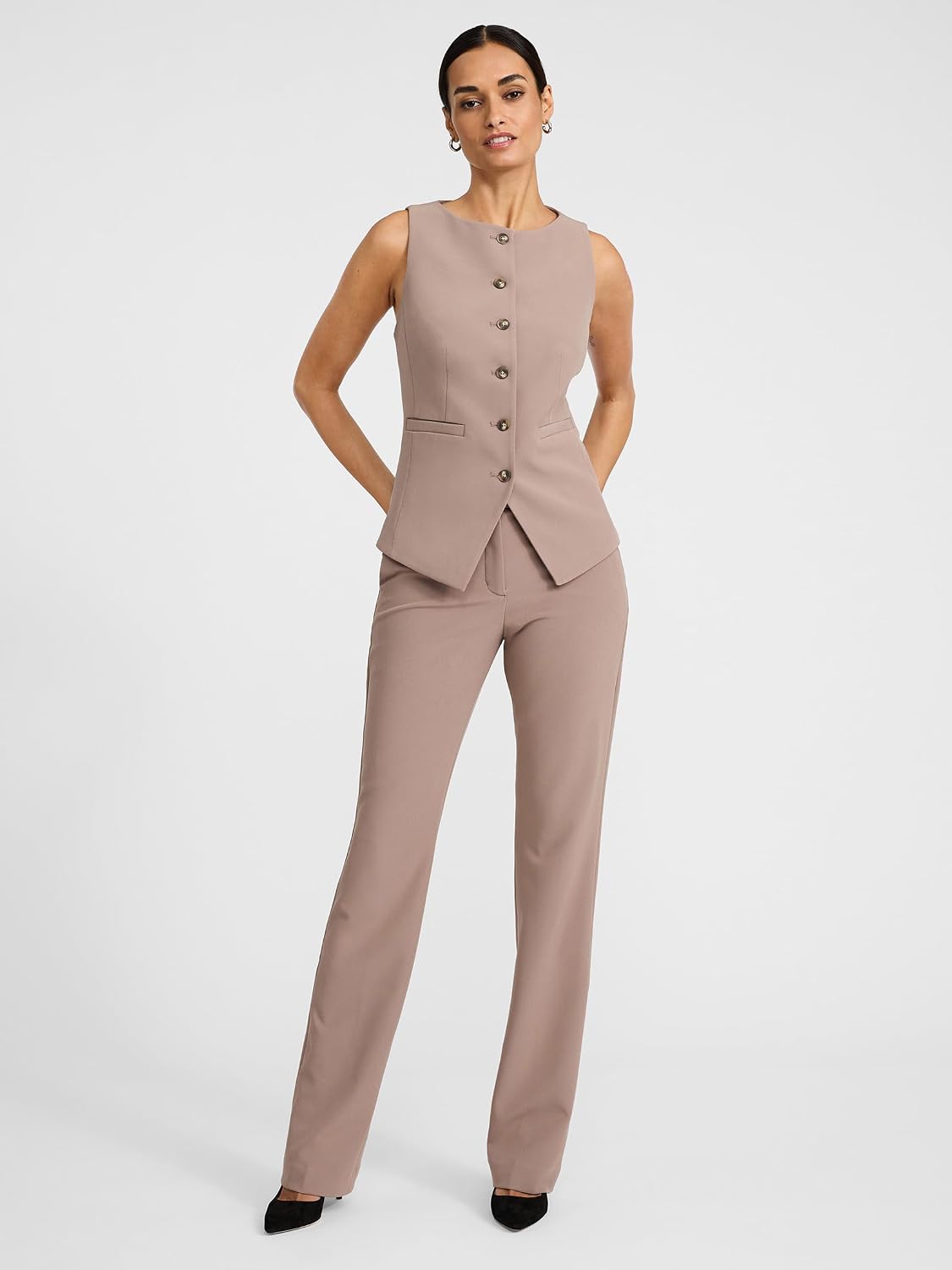 Women's Boat Neck Button Front Blazer Vest Stretch Twill