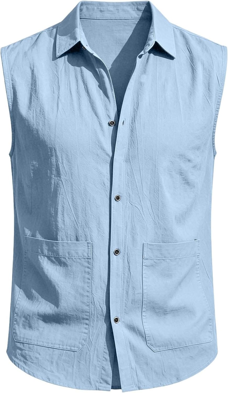 Men's Sleeveless Button Down Shirt Dual Pocket Light Blue