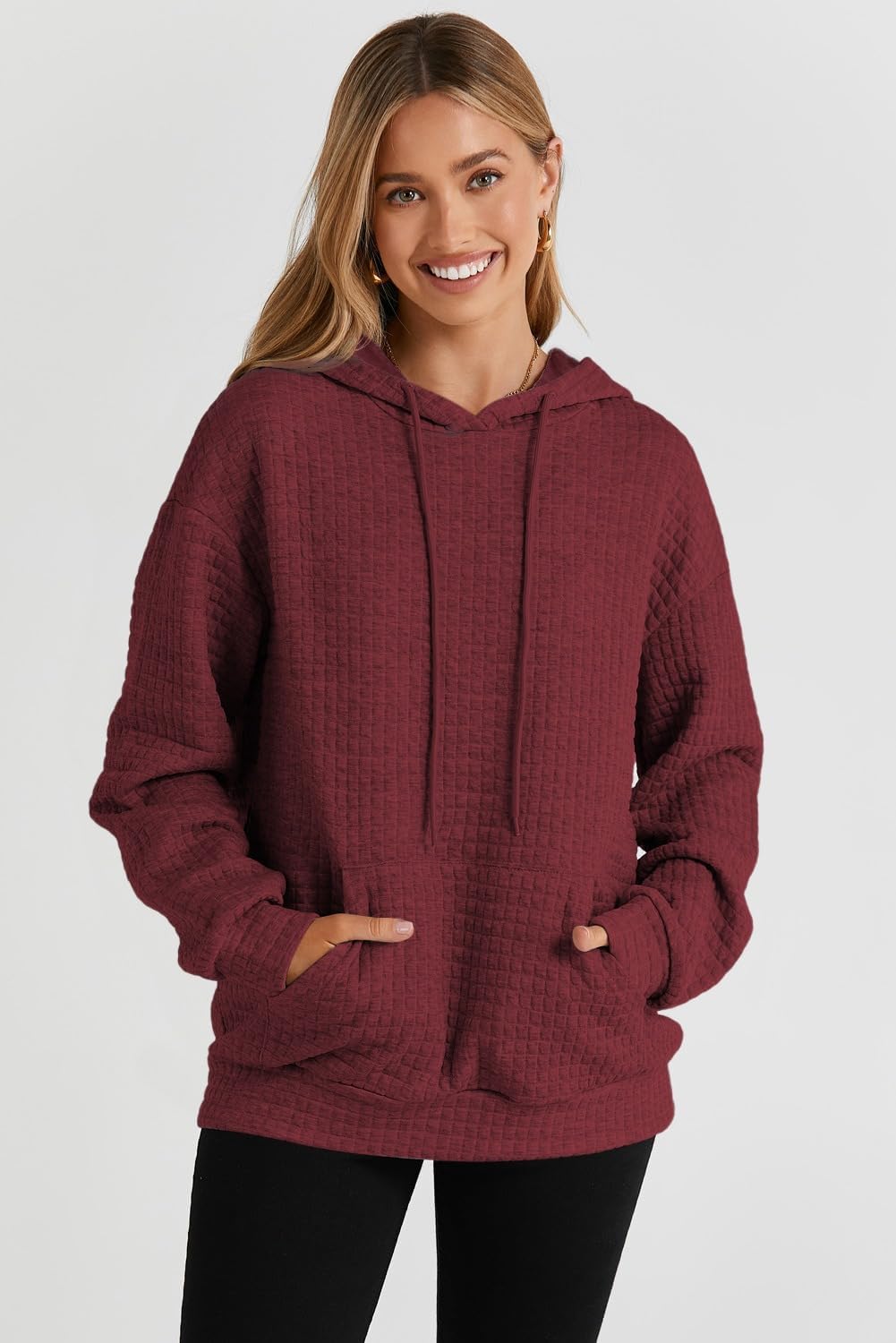 Womens Hoodies Casual Drawstring Waffle Pullover Tops Hooded Sweatshirt with Pocket