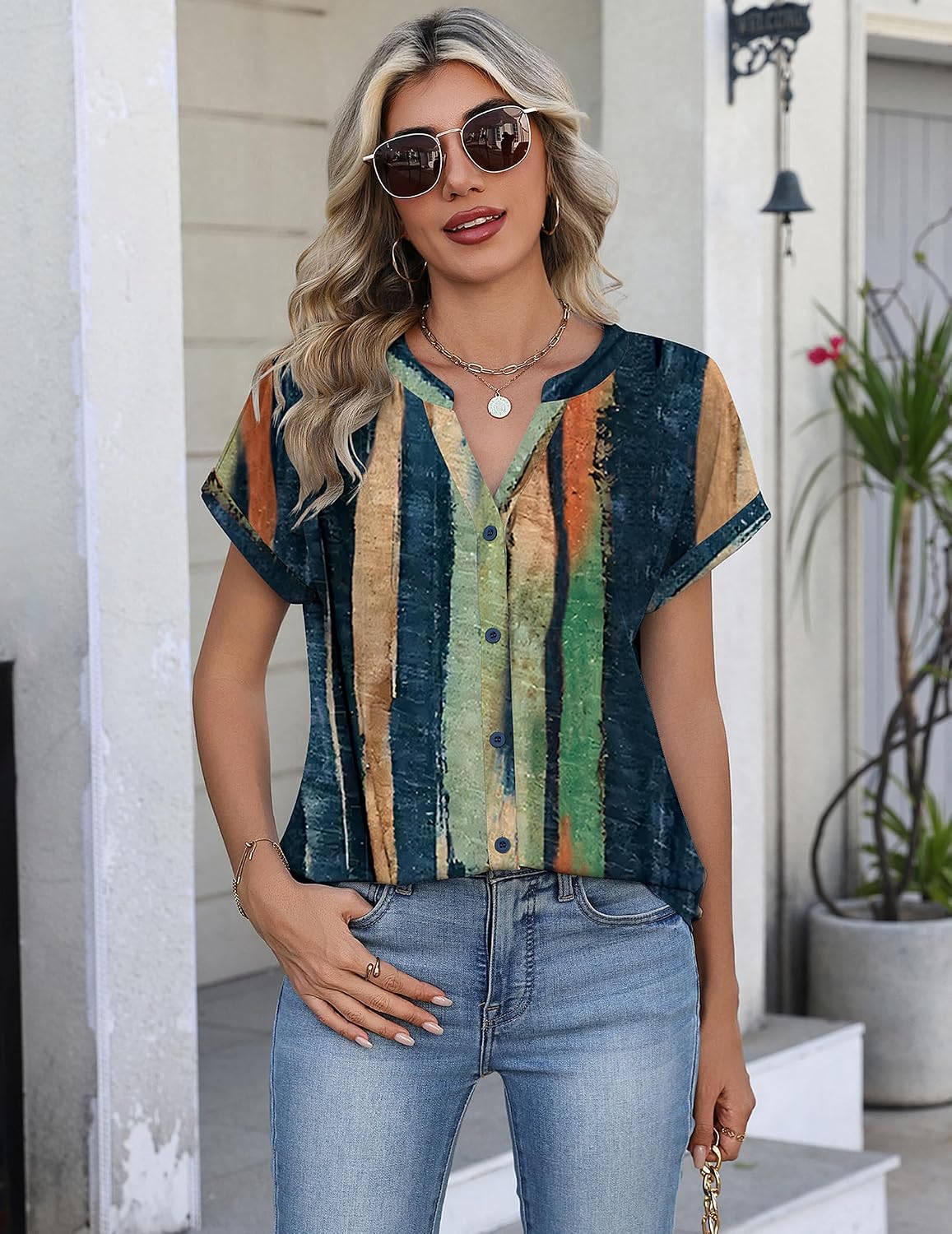 Button Down Shirts for Women Short Sleeve Tops V Neck Collar Blouses Business Casual Outfits