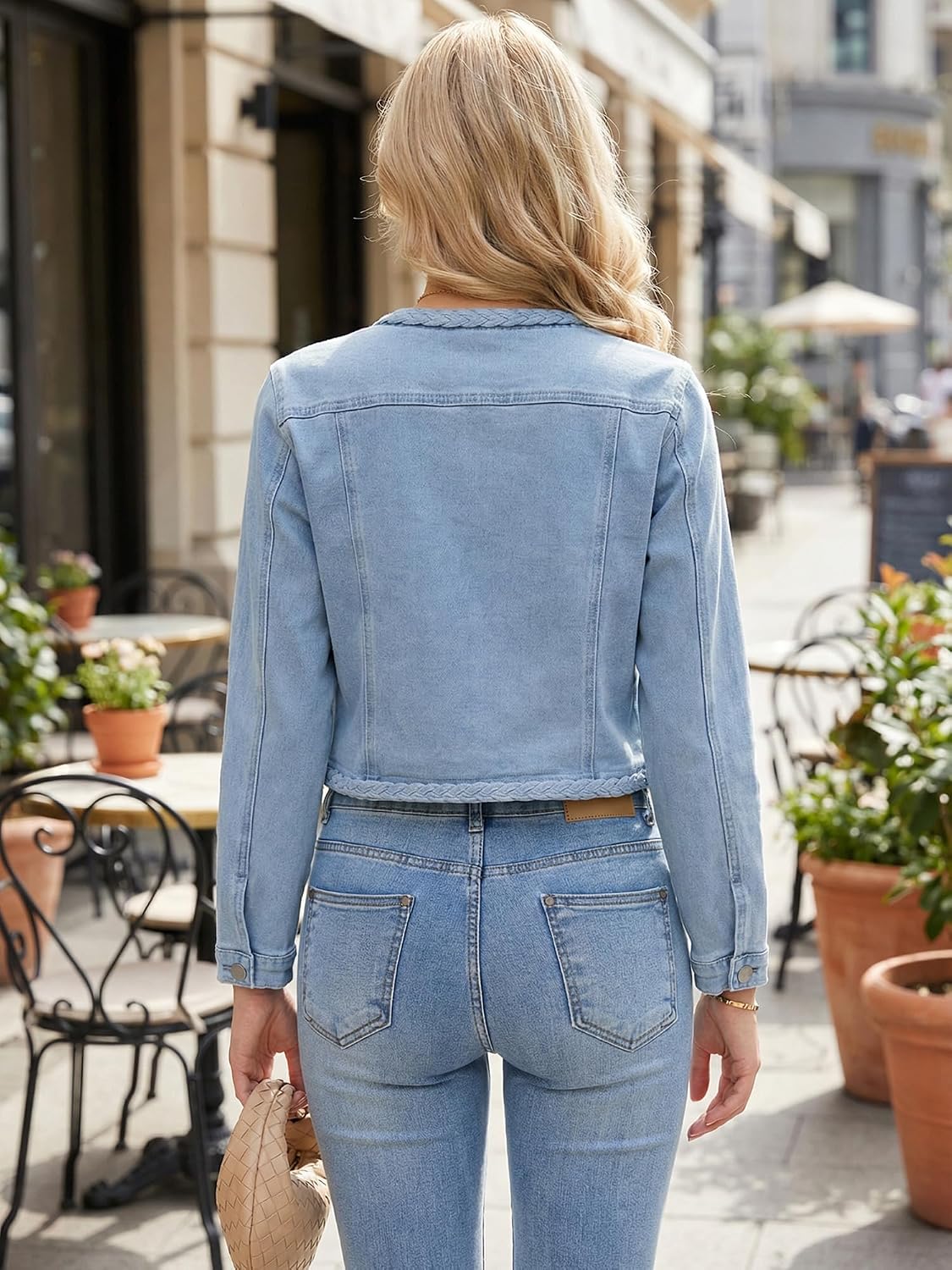 Denim Jacket for Women Collarless Long Sleeve Open Front Cropped Jean Jackets