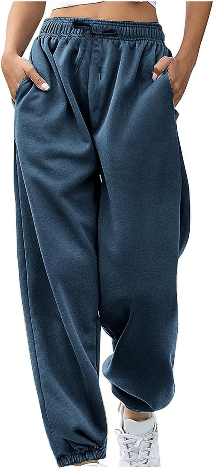 Plain Sweatpants for Women Spring Casual Trousers Elastic Drawstring High Waisted Baggy Lounge Pants with Pockets