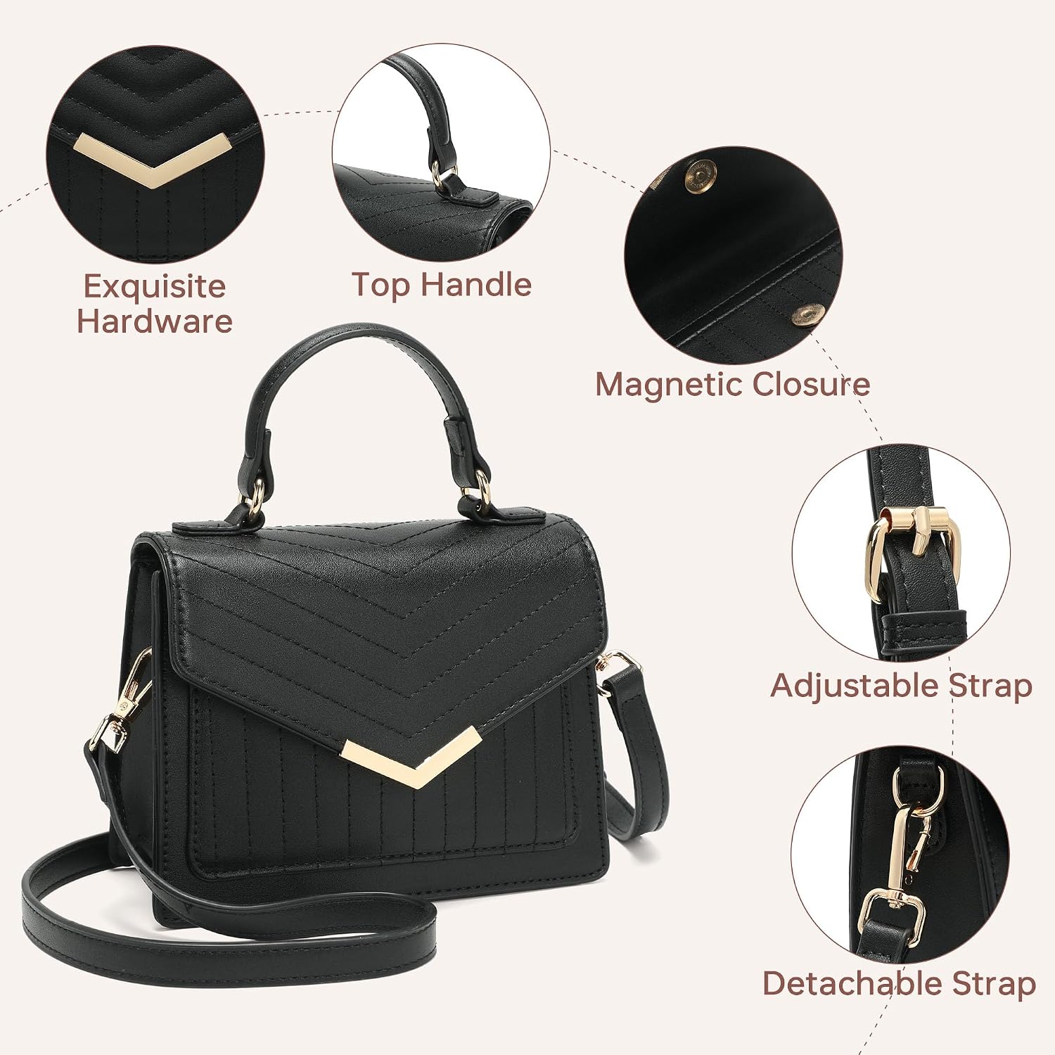 Women's Quilted Vegan Leather Top-Handle Bag, Black Women's Quilted Vegan Leather Top-Handle Bag, Black