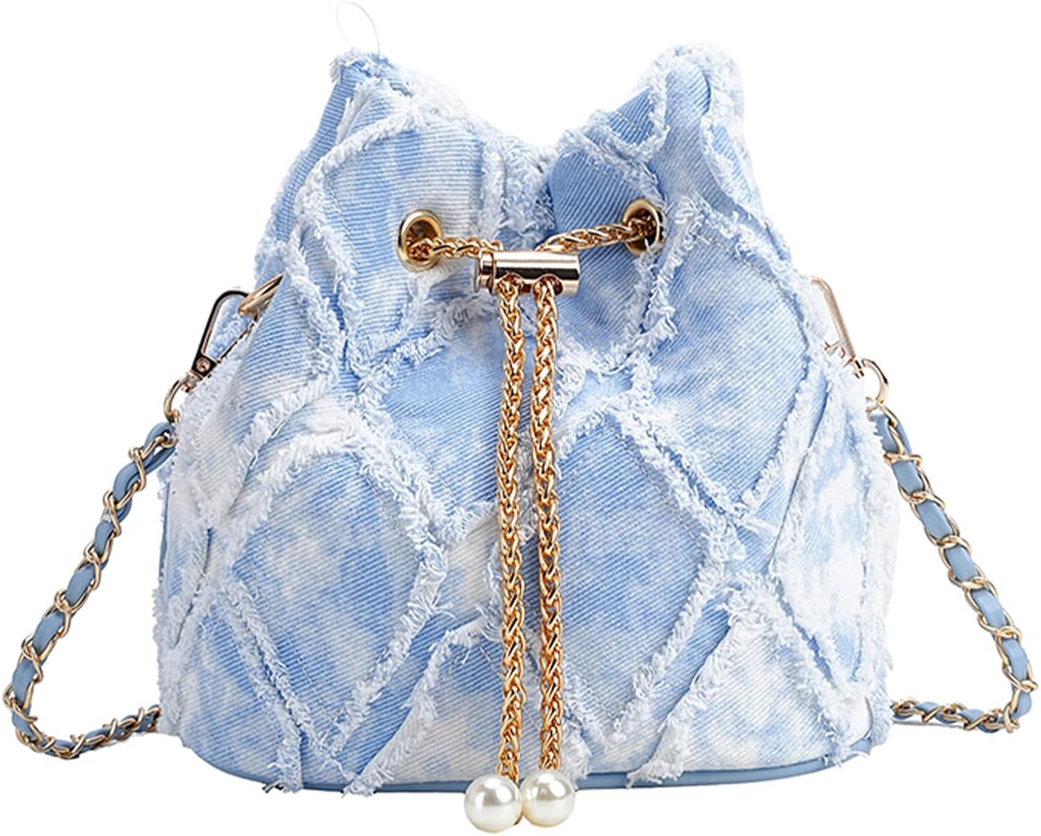 Women's Quilted Denim Bucket Bag with Chain Strap Blue