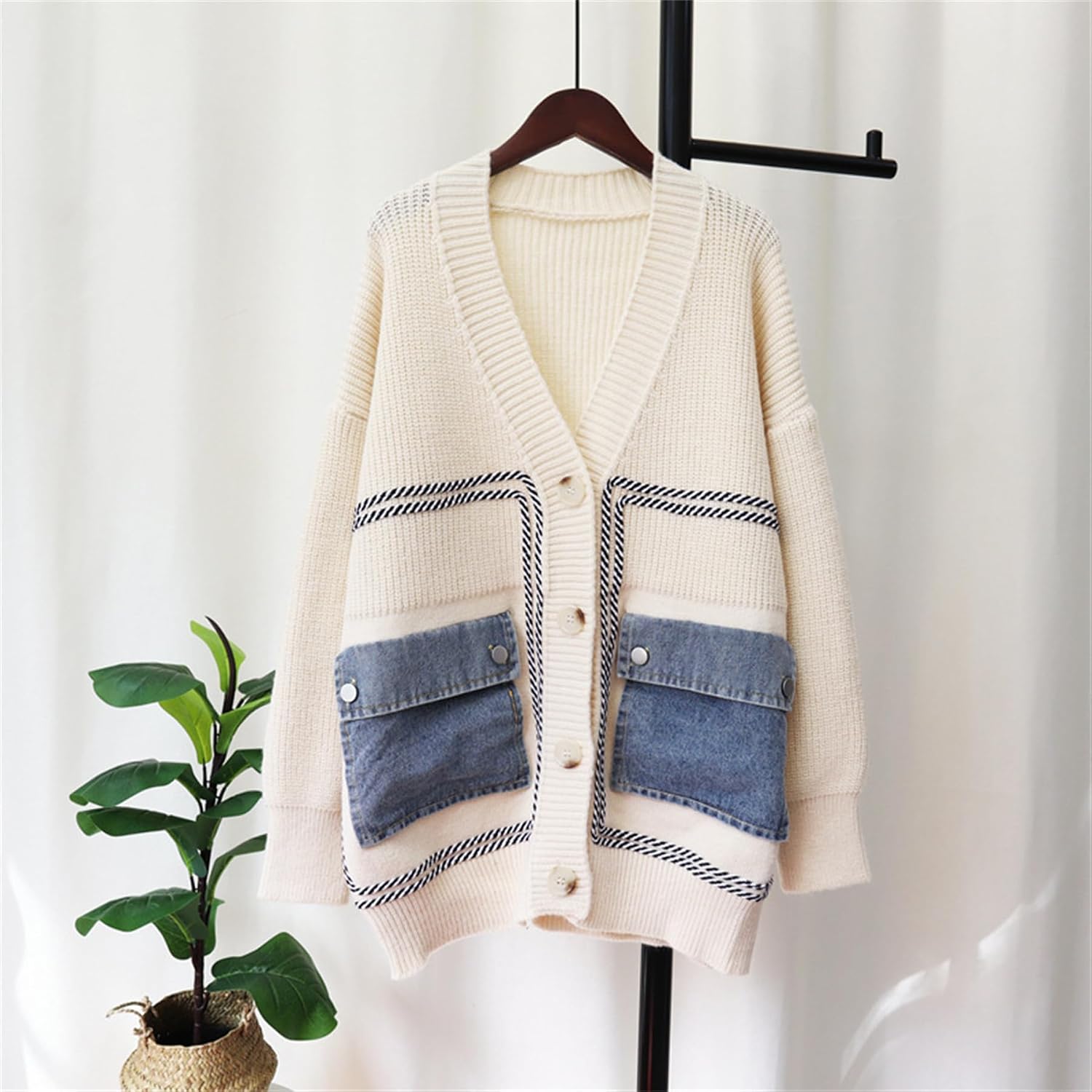 Women's Open Front Knit Sweater Cardigan Denim Pockets Patchwork Button Jacket Women's Open Front Knit Sweater Cardigan Denim Pockets Patchwork Button Jacket