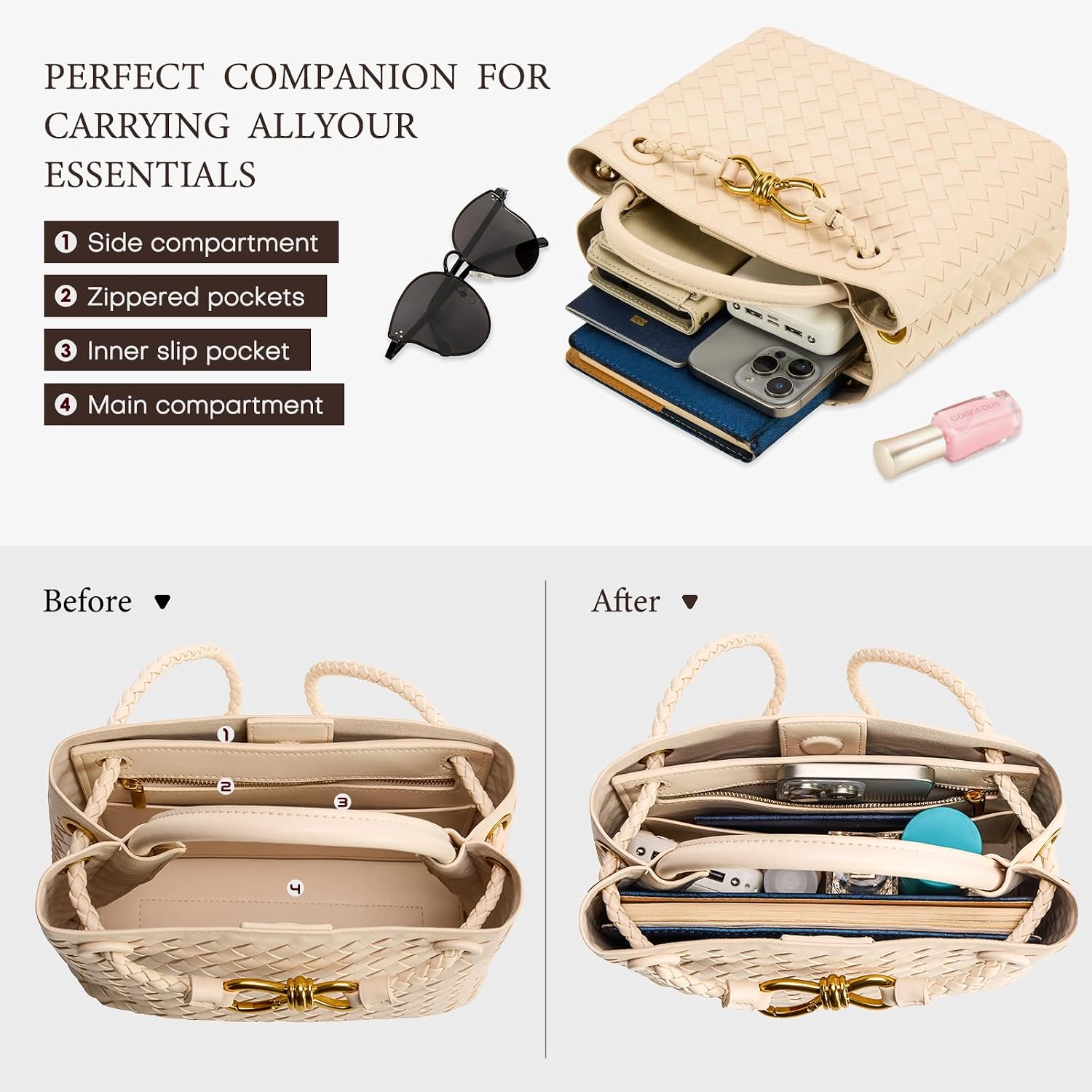 Women's Woven Vegan Leather Top-Handle Bag, Cream