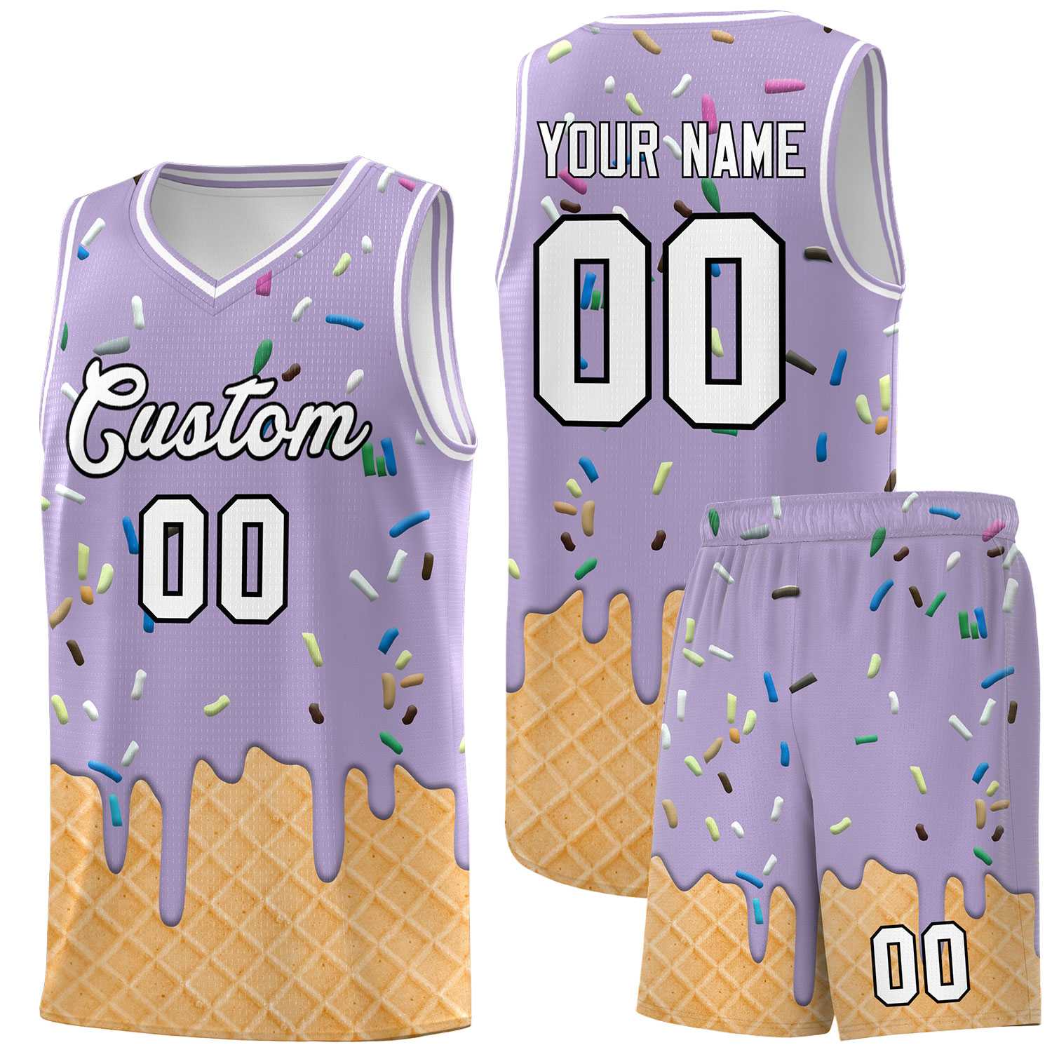 Benutzerdefinierte hellviolette Basketball-Kits mit Eiscreme-Elementmuster
