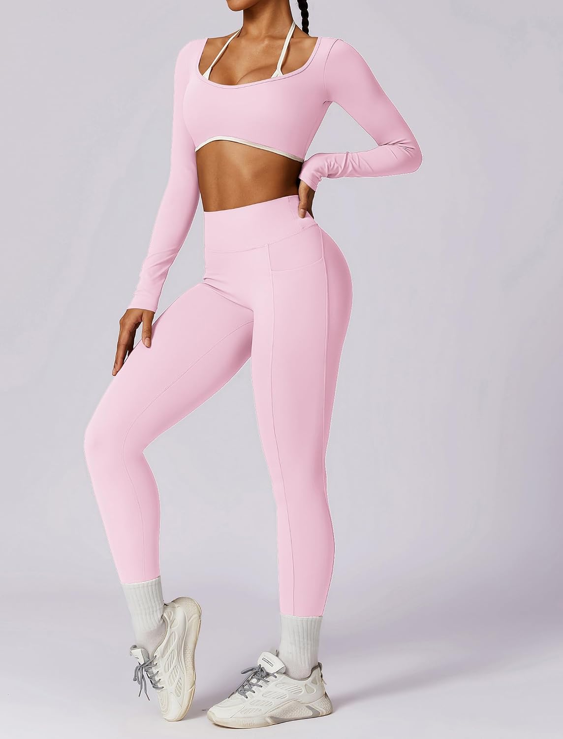 Workout sets for women 2 piece Long Sleeve Yoga Crop Top and High waist Leggings Athletic Gym Sets With pocket
