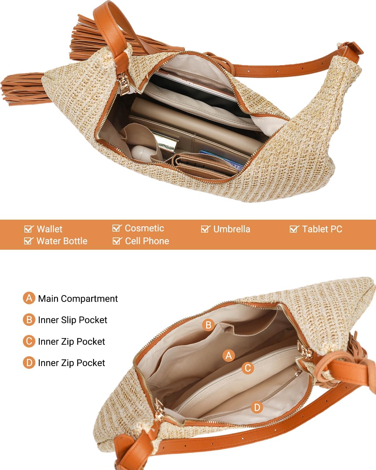 Women's Straw Woven Hobo Beach Bag with Tassel