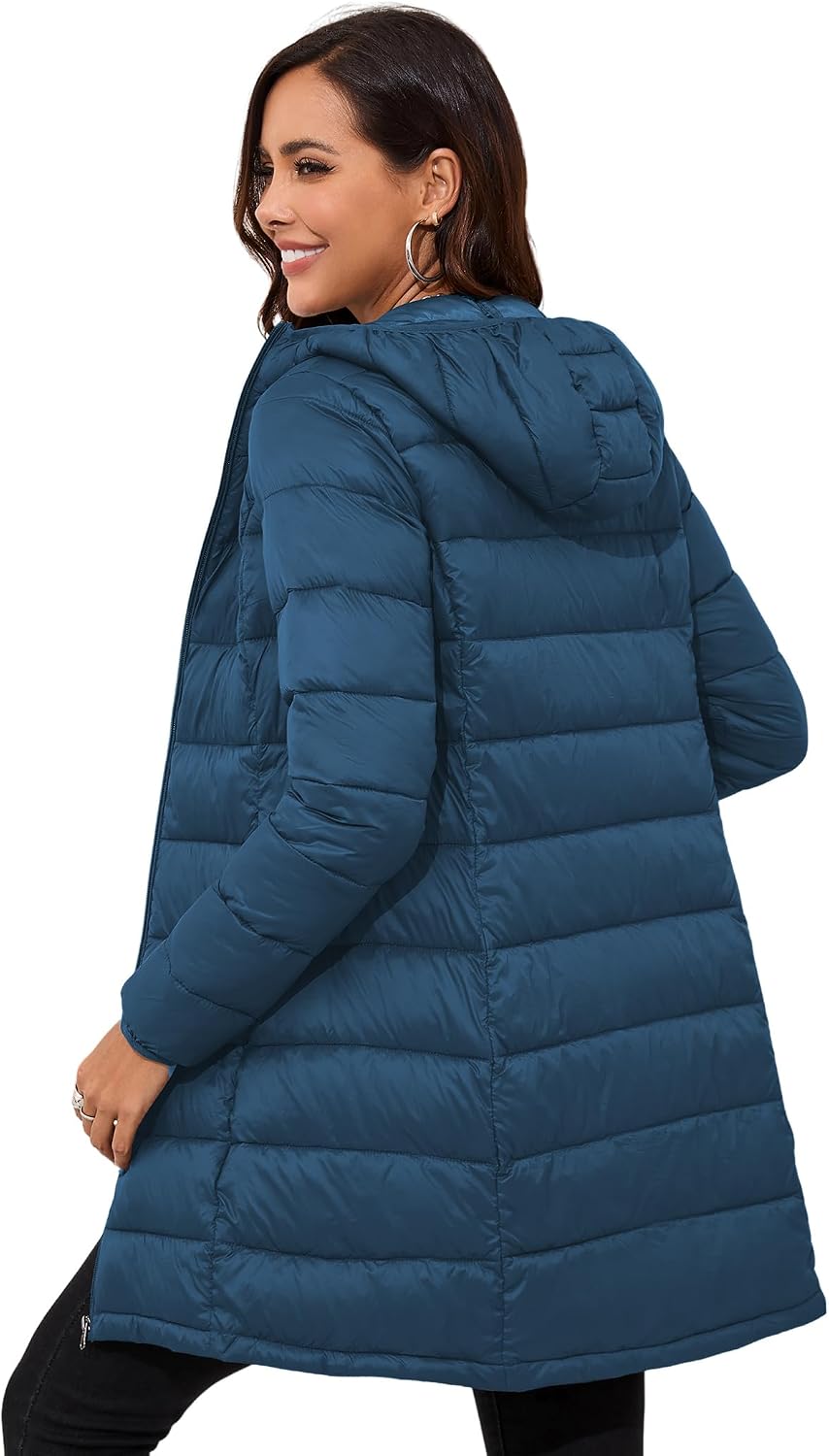 Women's Packable Long Hooded Puffer Jacket Teal Blue