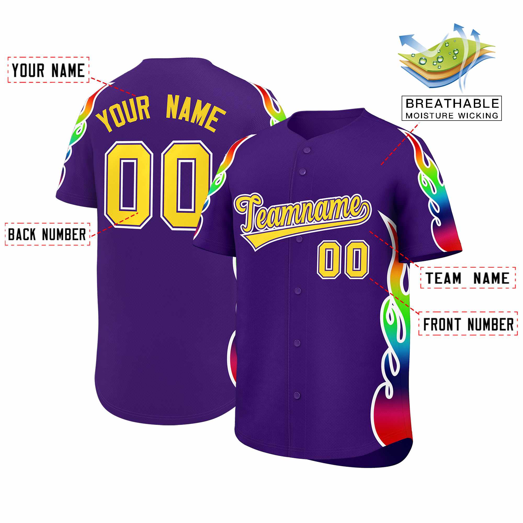 Benutzerdefiniertes Graffiti-Muster, personalisierter mehrfarbiger Flammendruck, authentisches Baseball-Trikot