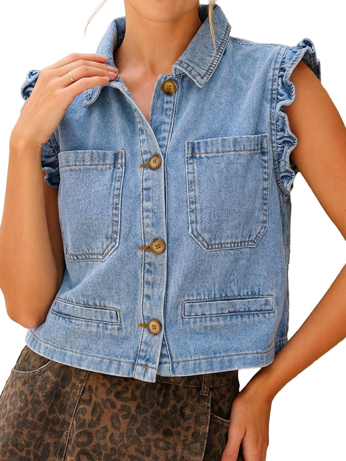 Women's Ruffle Denim Vest Button Front Cropped Jean Jacket