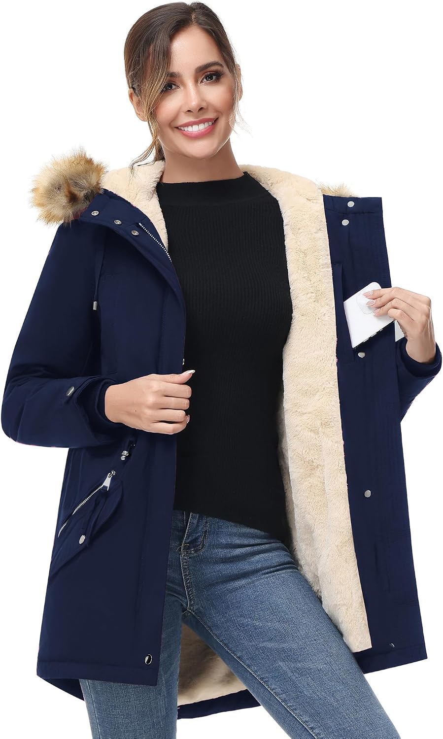 Women's Sherpa Lined Parka Coat Faux Fur Hood Navy