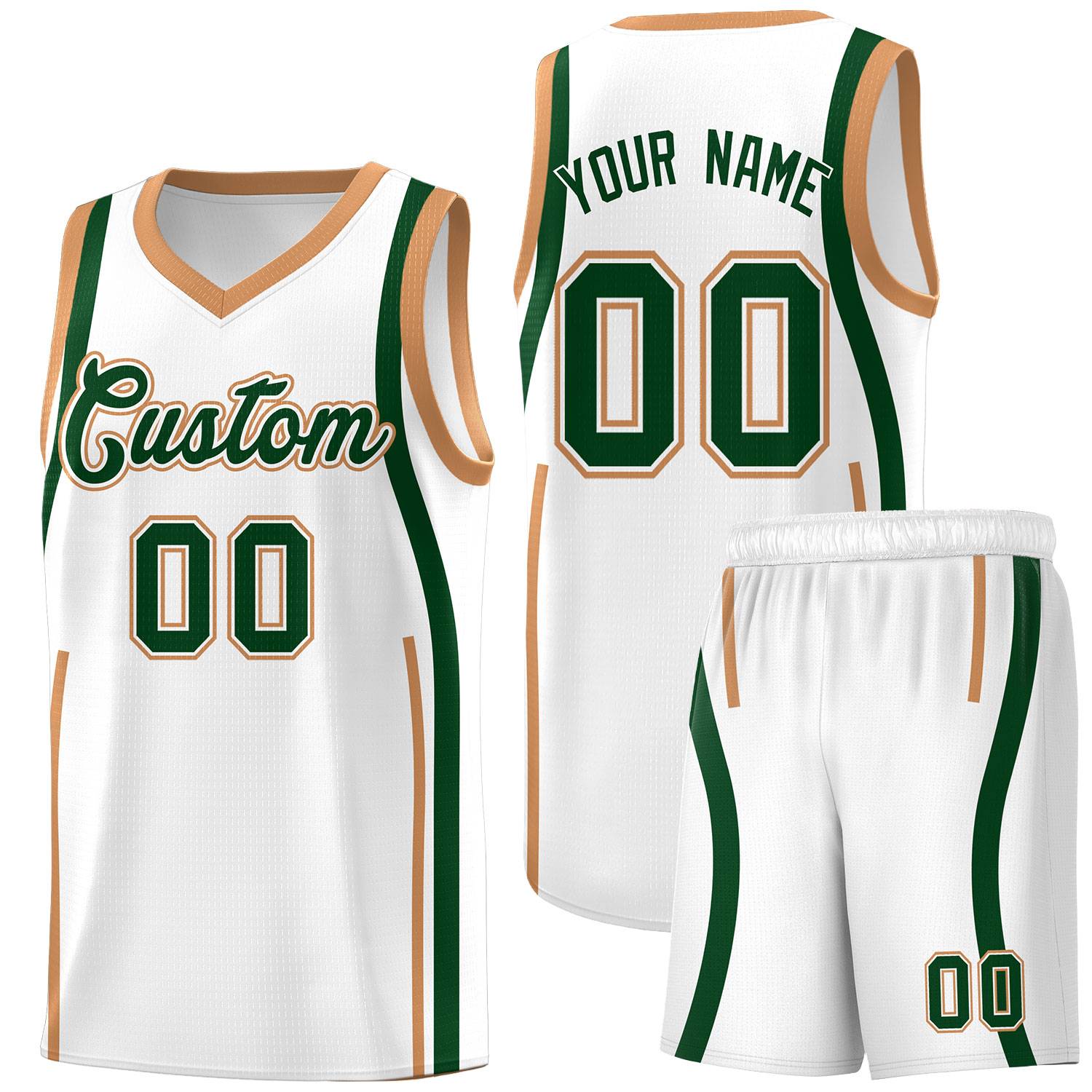 Kundenspezifische Basketball-Kits mit Bandmuster in Weiß Grün-Wildleder und Braun
