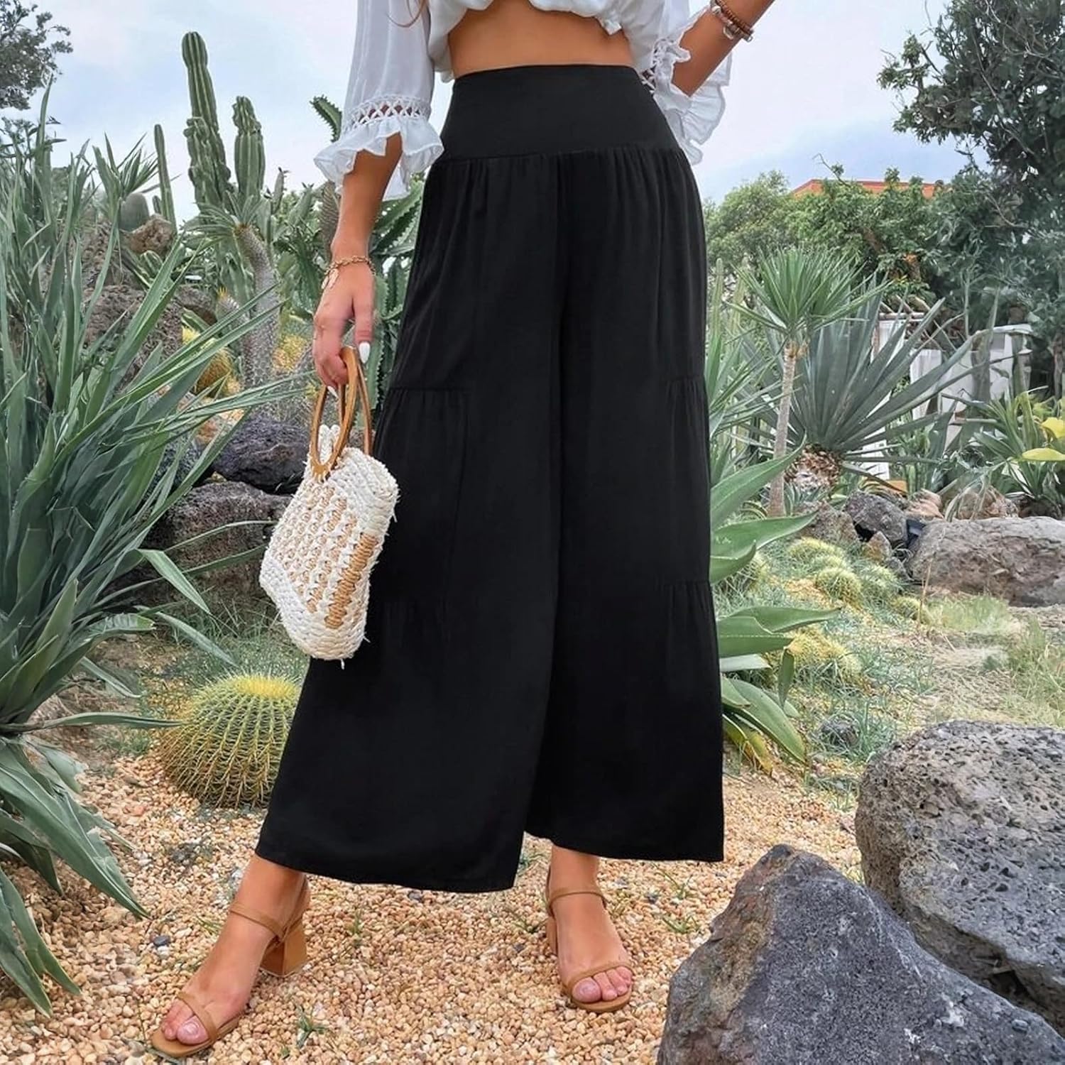 Palazzo Pants for Women Summer Casual Flowy Wide Leg High Waisted Ladies Lightweight Work Pant with Pockets
