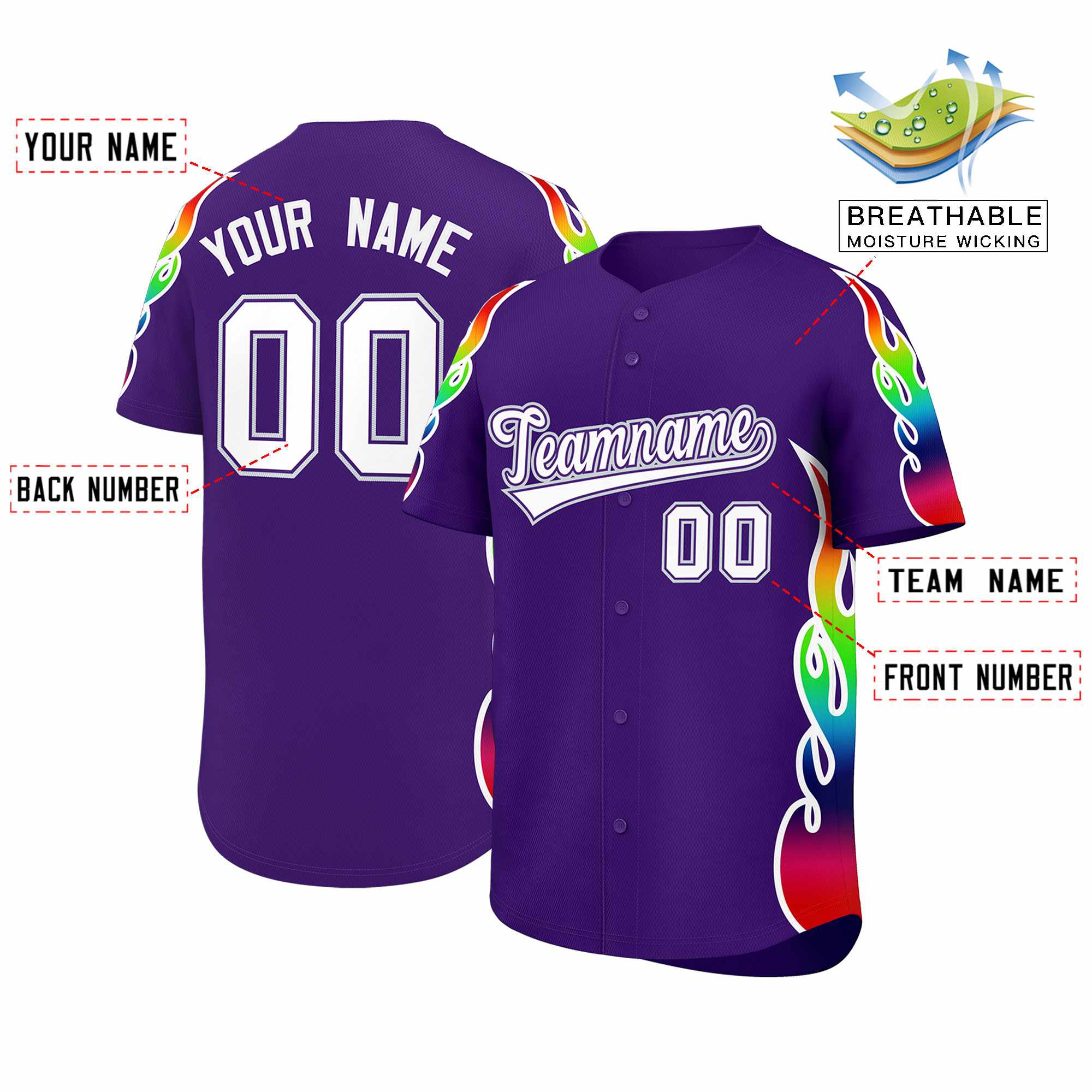 Benutzerdefiniertes Graffiti-Muster, personalisierter mehrfarbiger Flammendruck, authentisches Baseball-Trikot
