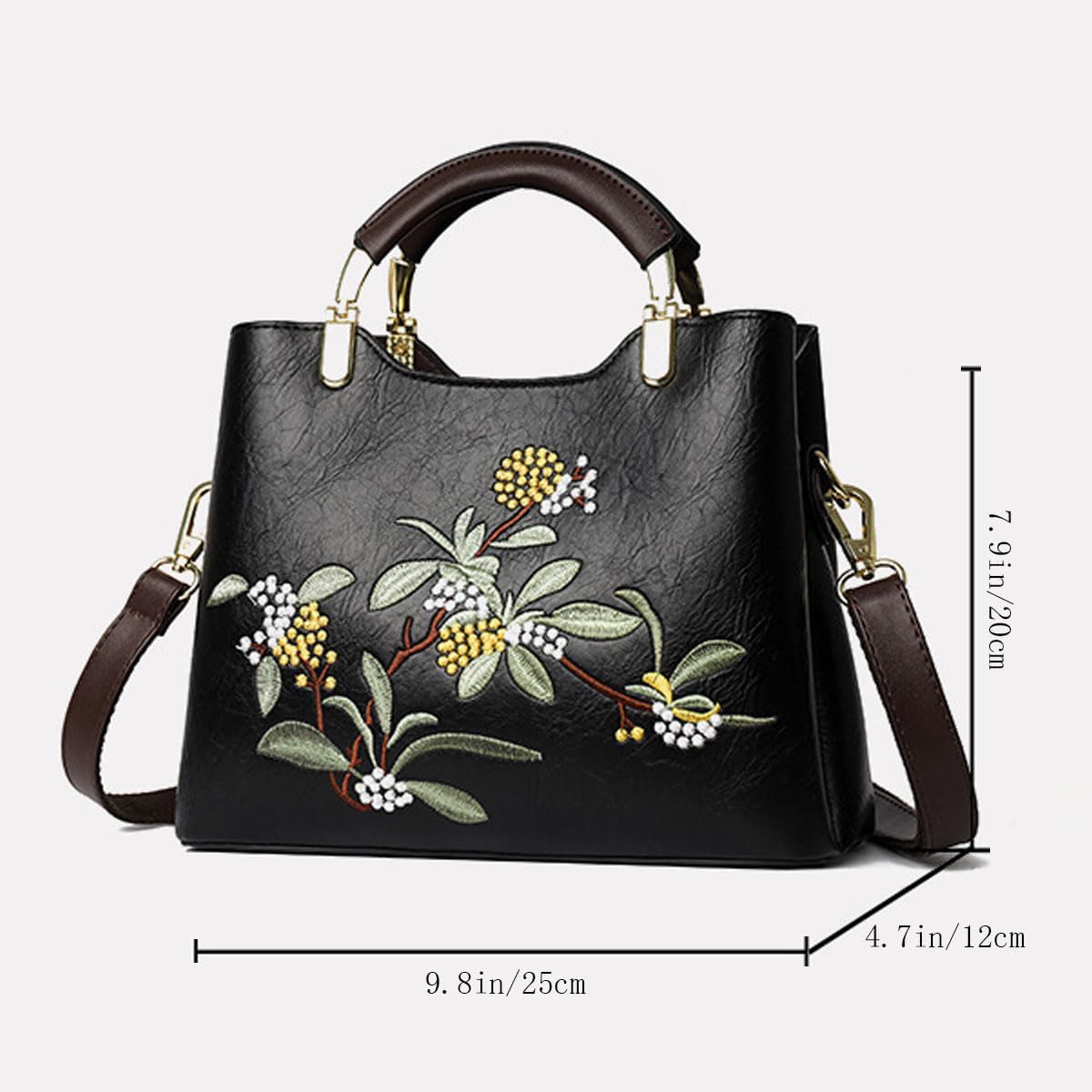 Women's Floral Embroidered Vegan Leather Handbag, Brown Women's Floral Embroidered Vegan Leather Handbag, Brown